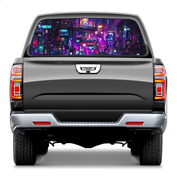Neon City Night1 Rear Window Decals for Trucks- Pickup Car Window Stickers Decal- Truck Back Window Tint Decal Graphic Perforated Vinyl Truck Stickers 66" X 22"