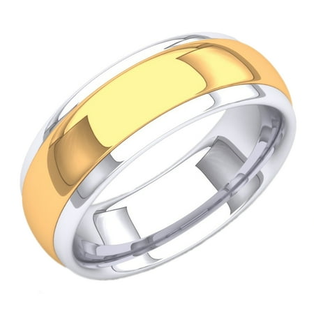 - 18K White & Yellow Gold Two Tone Men's 8 MM Flat Shiny Polished Comfort Fit Low Dome Wedding Band