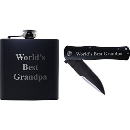 World's Best Grandpa 6oz Black Flask And Folding Pocket Knife Bundle - Great Gift for Father's Day, Birthday, or Christmas Gift for Dad, Grandpa, Grandfather, Papa,