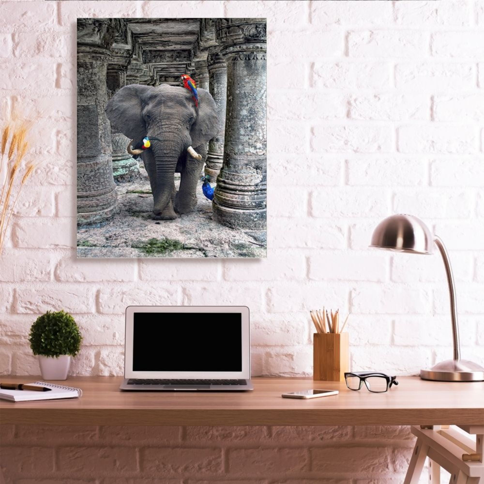 Stupell Industries Elephant and Jungle Birds Ornate Stone Columns Design by Ziwei Li, 36" x 48"