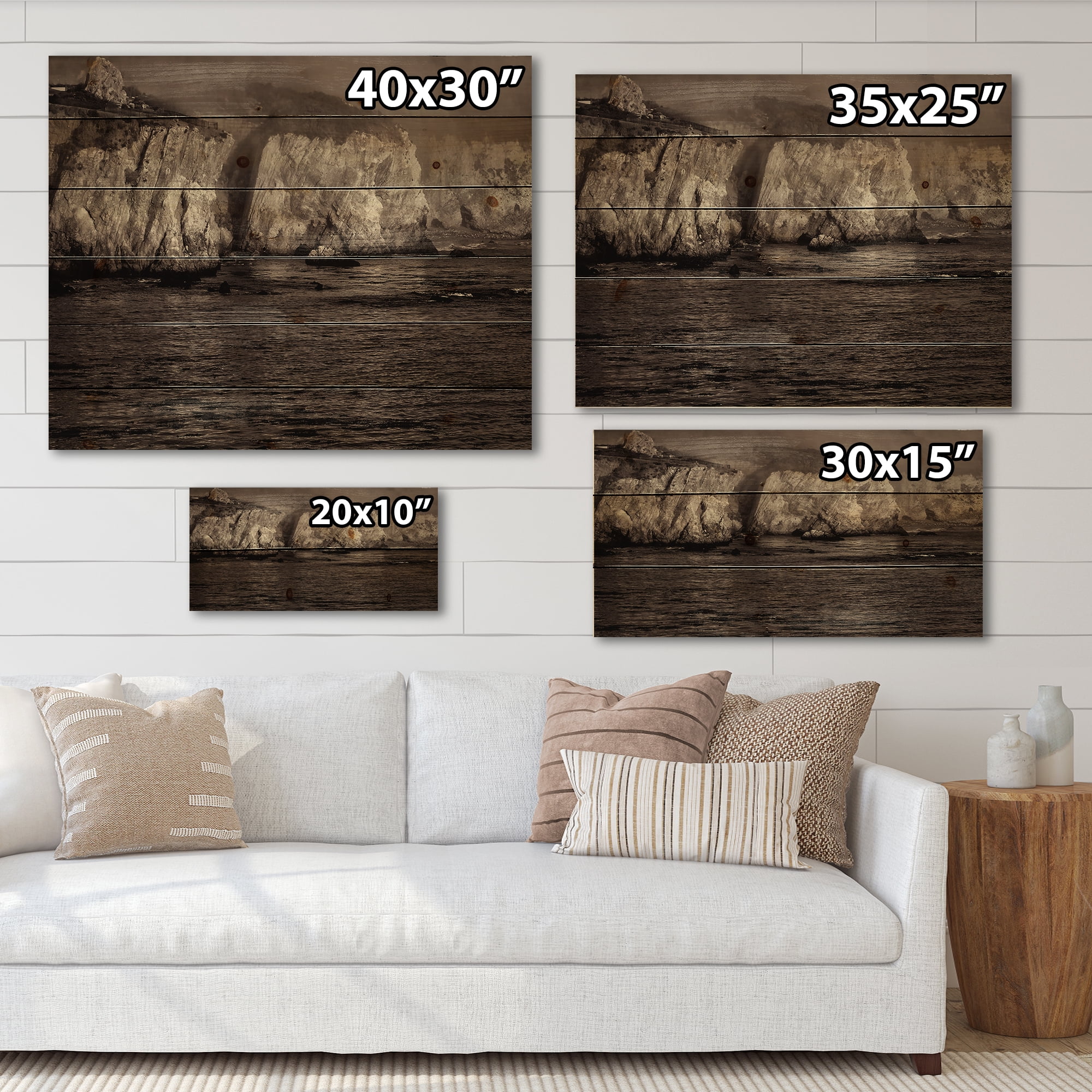 Designart 'Gold Cliffs Over Sea In The Fog' Modern Print on Natural Pine Wood
