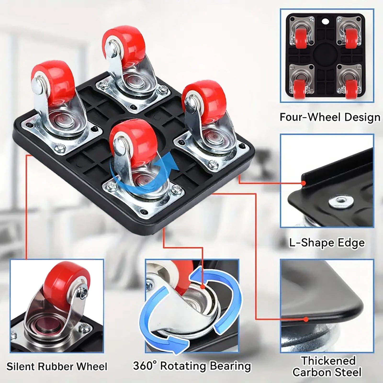 FETERVIC Heavy Duty Furniture Lifter Movers Dolly Wheel Roller Bar Hand Tools Set with 360°Rotation 4 Wheels Small Flat Dolly, 880 Lbs Capacity, Black