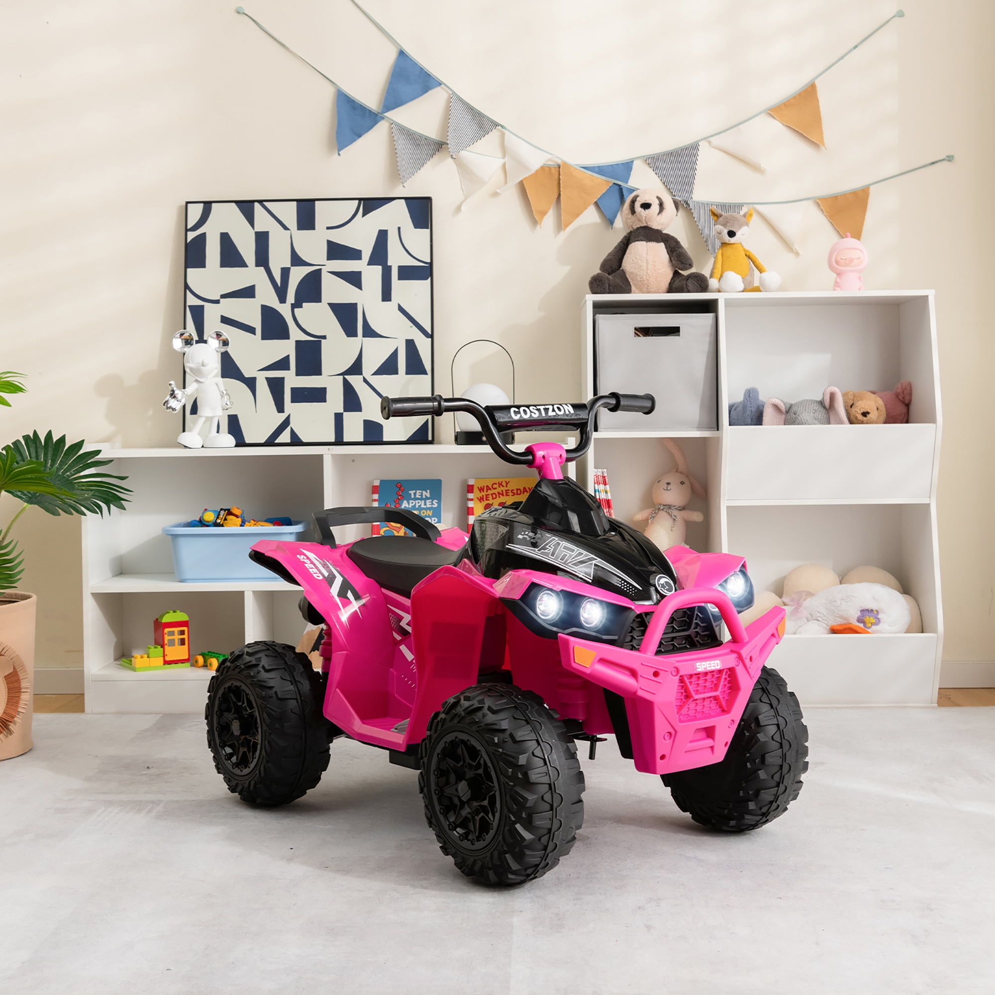 Costway 12V Battery Powered Kids Ride On ATV Electric 4-Wheeler Quad Car with  MP3 & Light Pink