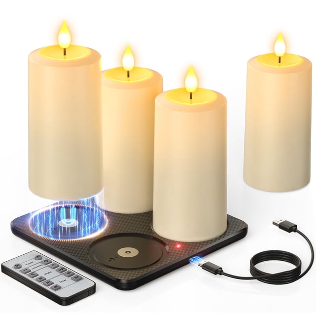 Yme Rechargeable Flameless Pillar Candles with Remote & Magnetic Charging Base,4PCS Waterproof Battery Operated LED Fake Candles Flickering