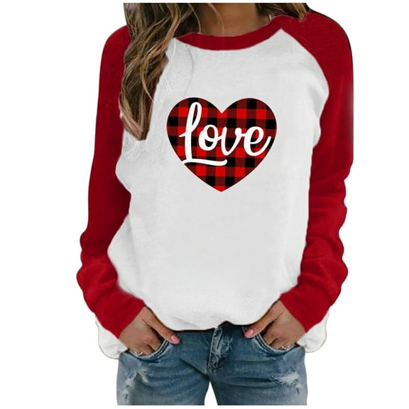 XEGLSBU T Shirts for Women Plus Size Loose Fit Womens Valentine's Day Heart Printed Long Sleeve Tops Blouse T-Shirt Red Size M