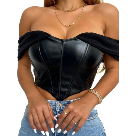 

Spring hue Women PU Leather Bustier Crop Top Corset Vest Off Shoulder Tank Camis