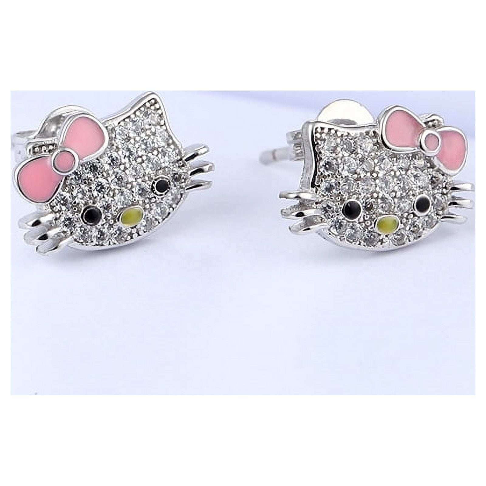 ShenMo Hello Kitty Cat Earrings for Girls Hello Kitty Cat Love Fashion Stud Earrings Gifts for Women Girls Kids with Jewelry Box Silver Cubic