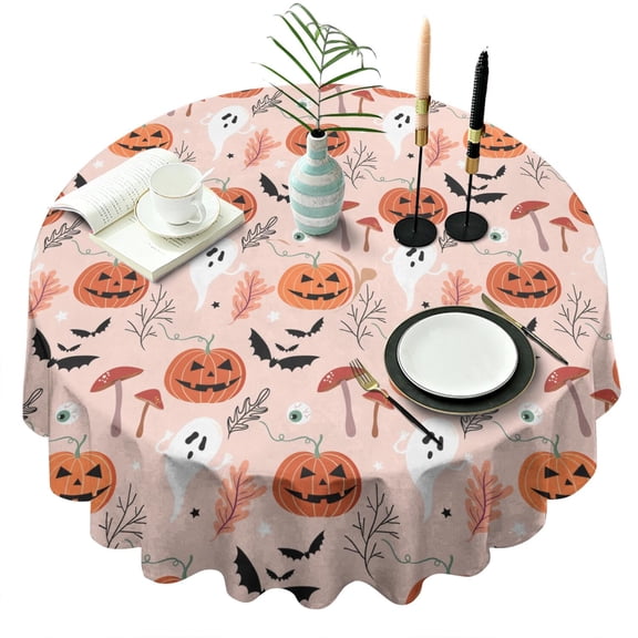 Wizard Themed Halloween Tablecloth 60 Inch Round - Waterproof Machine Washable Witch Magic Pattern