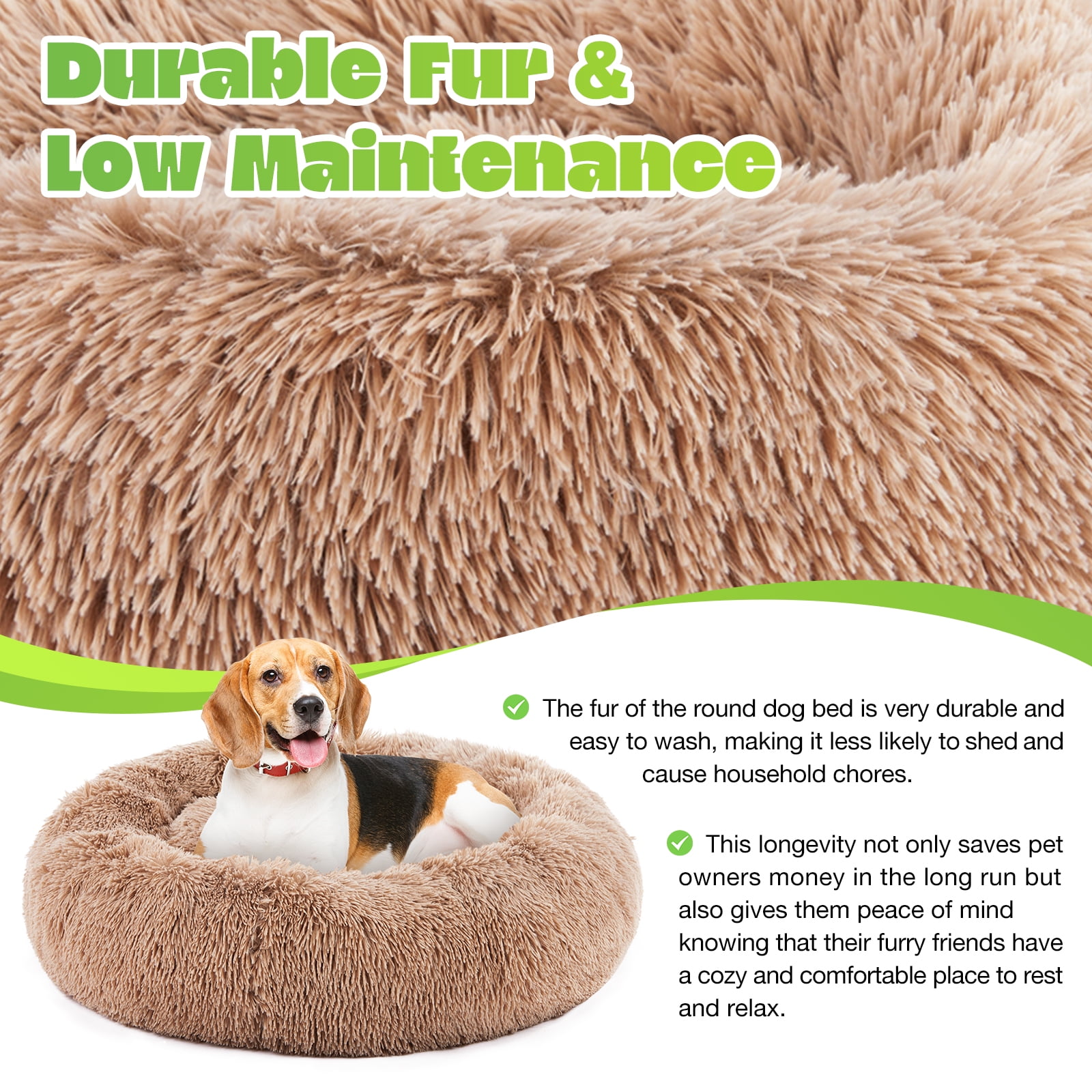 GIANNA Calming Donut Dog & Cat Bed, 24 Inches Round Fluffy Dog Beds for Medium Dogs, Anti-Anxiety Plush Dog Bed, Machine Washable Pet Bed, Brown