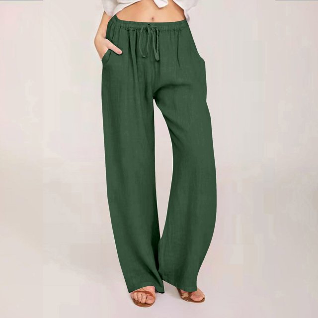 Karight Linen Pants Women Summer Wide Leg Pants Drawstring Elastic Waist Pants High Waisted Lounge Pants Casual Beach Trousers