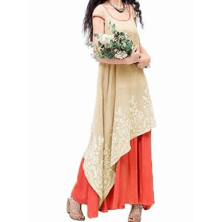 - Women's Dresses Floral Print Embroidered Sleeveless Asym Hem Long