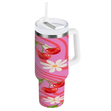 

30oz Travel Mug with Straw Car Bottle Insulated Mug with Handle Reusable Stainless Steel Water Bottle for Car Travel Home Flower and Cherry