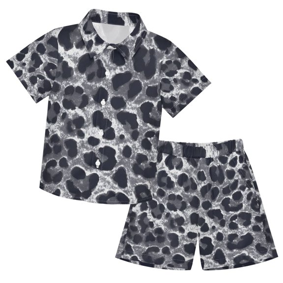 Grey Leopard Print Pattern Boys' Hawaiian Shorts Sets Button Down Shirts 3T-10Y for Beach Vacation