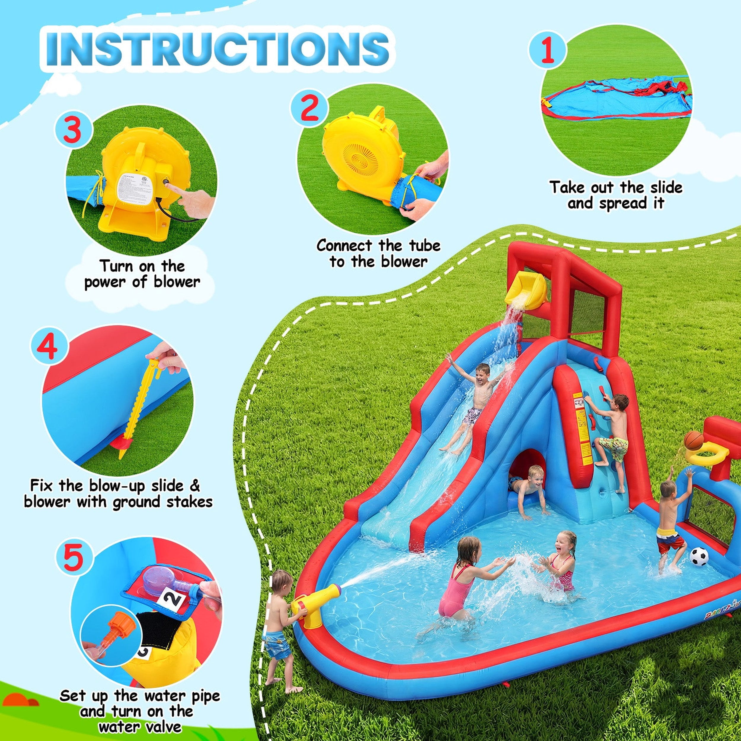 Funcid Water Slide Inflatable Bounce House - Kids Backyard Water Park with Climbing Wall, Long Slide, Pool & Basketball Hoop