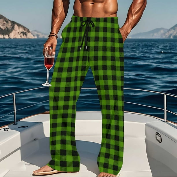 Pantalones de pijama largos para hombre, informales, con estampado a cuadros, holgados, deportivos, elásticos, rectos, vintage, con bolsillos