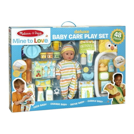 UPC: 0000772938358 | Melissa & Doug Mine to Love Deluxe Baby Care Play Set (48 Pieces – Doll + Accessories to Feed Bathe Change and Cuddle)