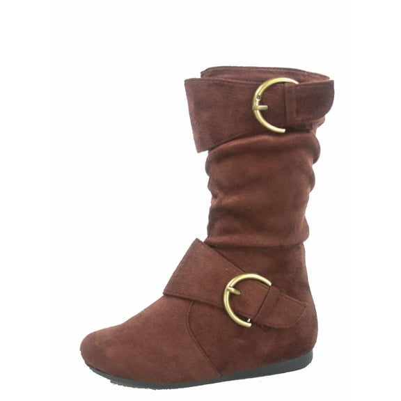 Klein-70 Girls Kid's Causal Flat Heel Buckles Zipper Slouchy Mid Calf Boots Shoes ( Brown, 3 )