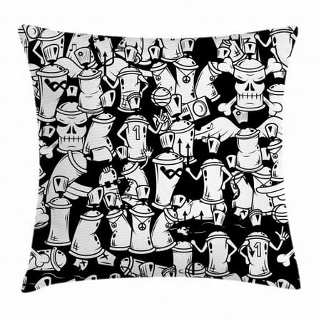 Urban Graffiti Throw Pillow Cushion Cover, Anthropomorphised Graffiti Spray Can Sport Characters and Skull Figures, Decorative Square Accent Pillow Case, 16 X 16 Inches, Black and White, by Ambesonne