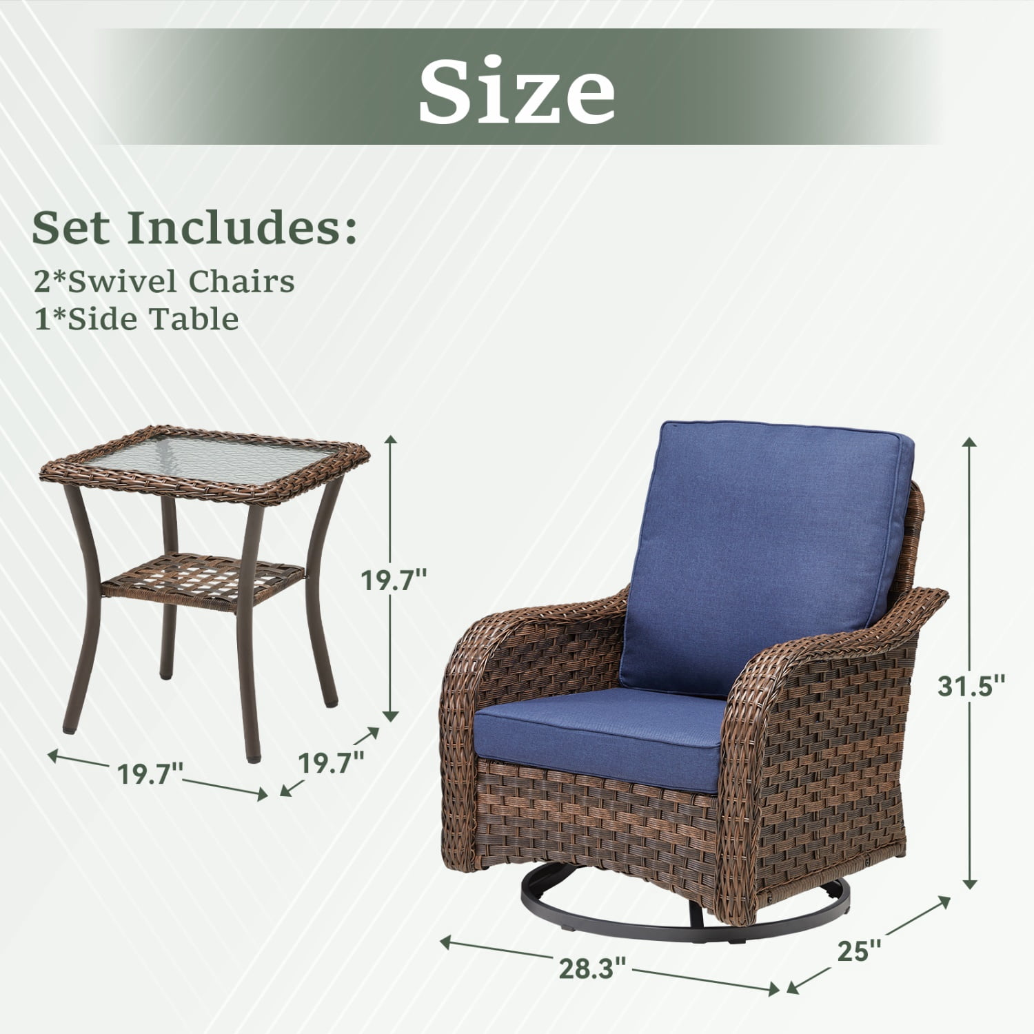 Hommoo 3-Piece Outdoor Furniture Set, Outdoor Swivel Gliders Rocker, Wicker Patio Bistro Set with Side Tablerd for Porch Deck Backyard, Blue