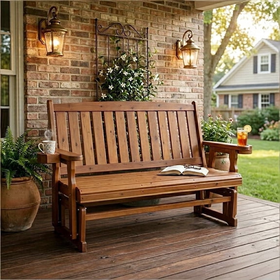 Innovaze Wooden Patio Glider, with Cup Holders, High Back and Deep Contoured Seat, Solid Fir Wood, Heavy Duty 800 LBS,for Outdoor Porch (Teak Tone,3-Seater)