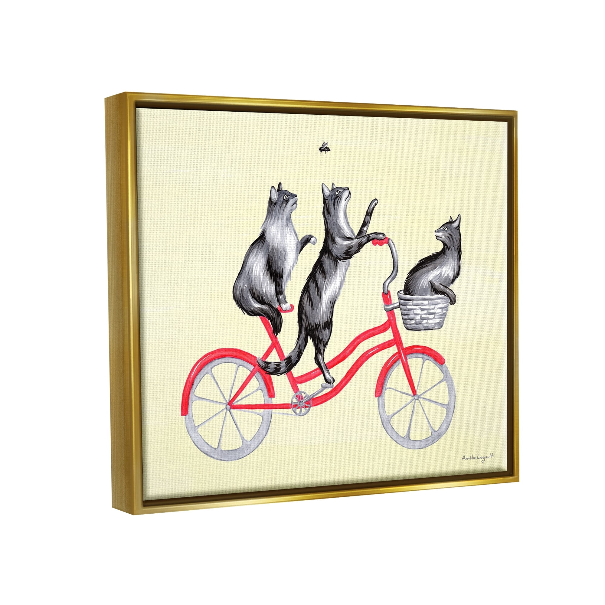 Stupell Industries Playful Cats Riding Red Bicycle Buzzing Bee Graphic Art Metallic Gold Floating Framed Canvas Print Wall Art, Design by Amelie Legault