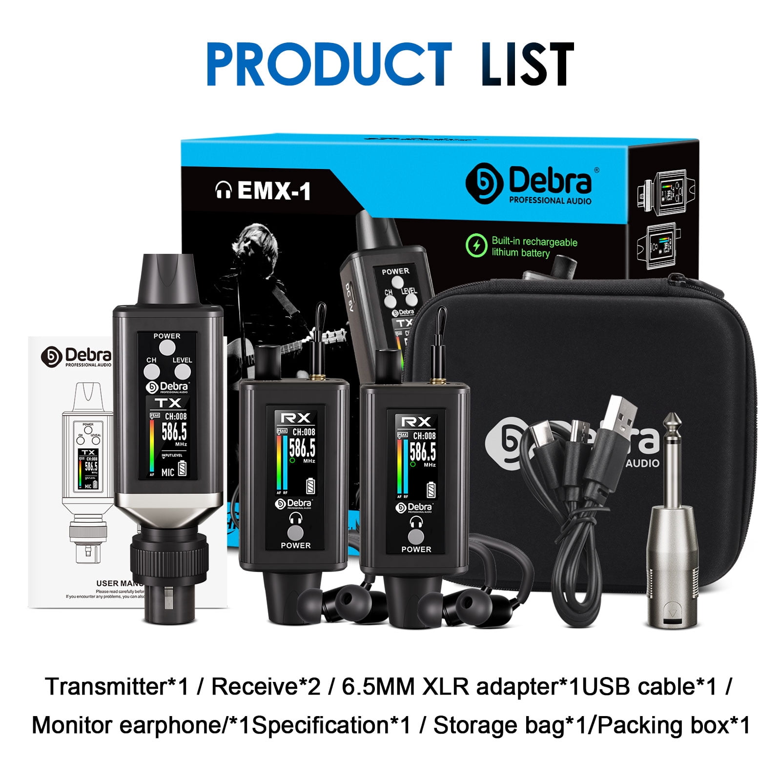 D Debra Audio PRO EMX-1 UHF Mini Wireless In-Ear Monitor System, Rechargeable with Monitor Type for Stage, Band, Studio, Musician, Monitor (1 Transmitter & 2 Receiver)