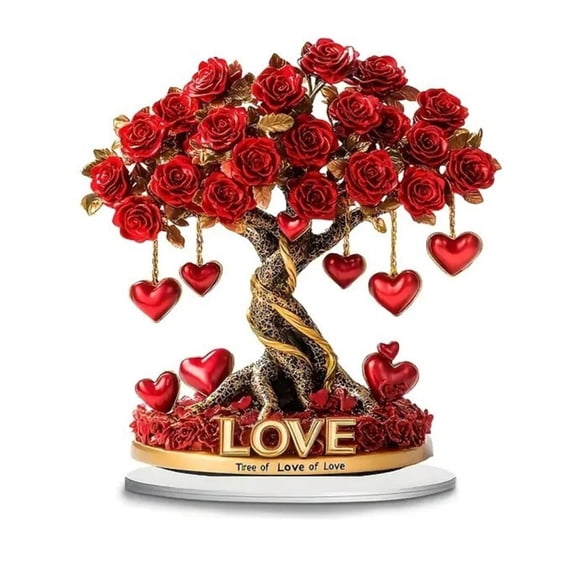 Mozhitti Valentine's Day Acrylic Sign Table Decor 2D Acrylic Rose Tree With Heart Valentines Decorations For Home Decor Gift Dining Room Table Wedding Anniversary Party