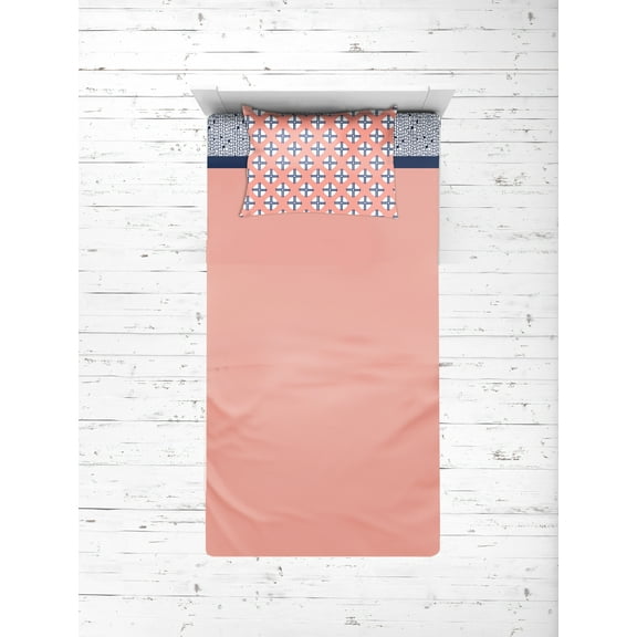 Bacati - Olivia Tribal 3-Piece 100% Cotton Percale Toddler Sheet Set, Coral/Navy