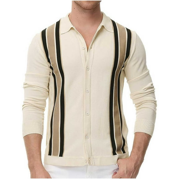 Herrnalise Men Casual Button Closure Knit Cardigan Turndown Long Sleeve Stripe Sweater Jacket Beige