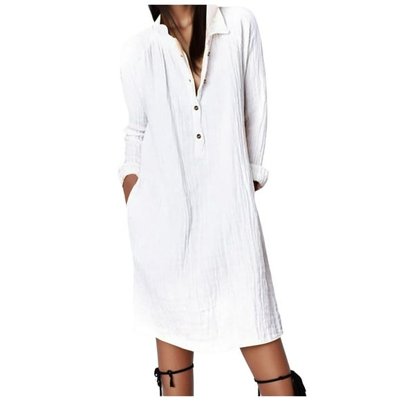 2025 Women's Casual Fashion Cute Cocktail Dresses for Women Loose Solid Color Linen Petite Summer Dresses Lapel Shirt Dress