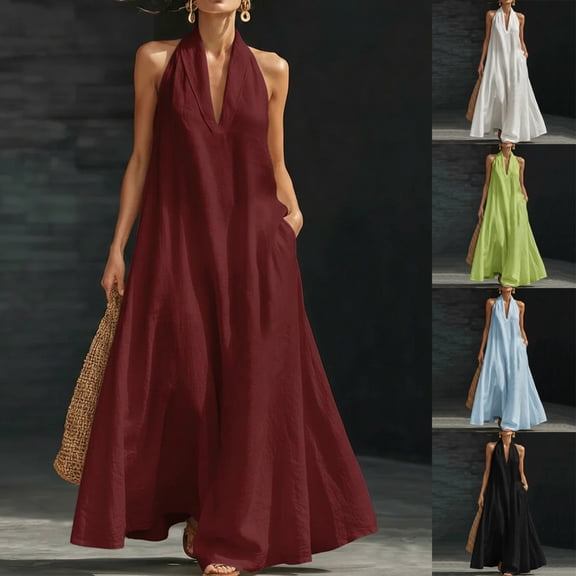 THDHVS Maxi Dress,Solid Color V Neck Sleeveless A Line Loose Flared Dress Casual Summer Daily Wear,Summer Dresses for Women Green 2XL