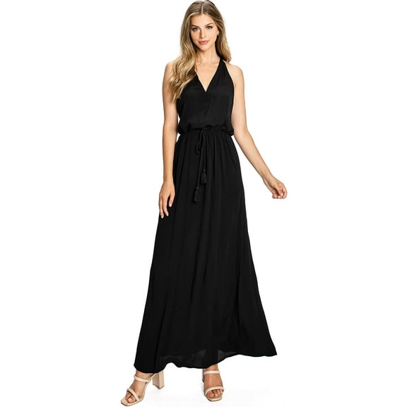 Love Stitch Women's Minimal V-Neck Maxi Dress (Black, Small)