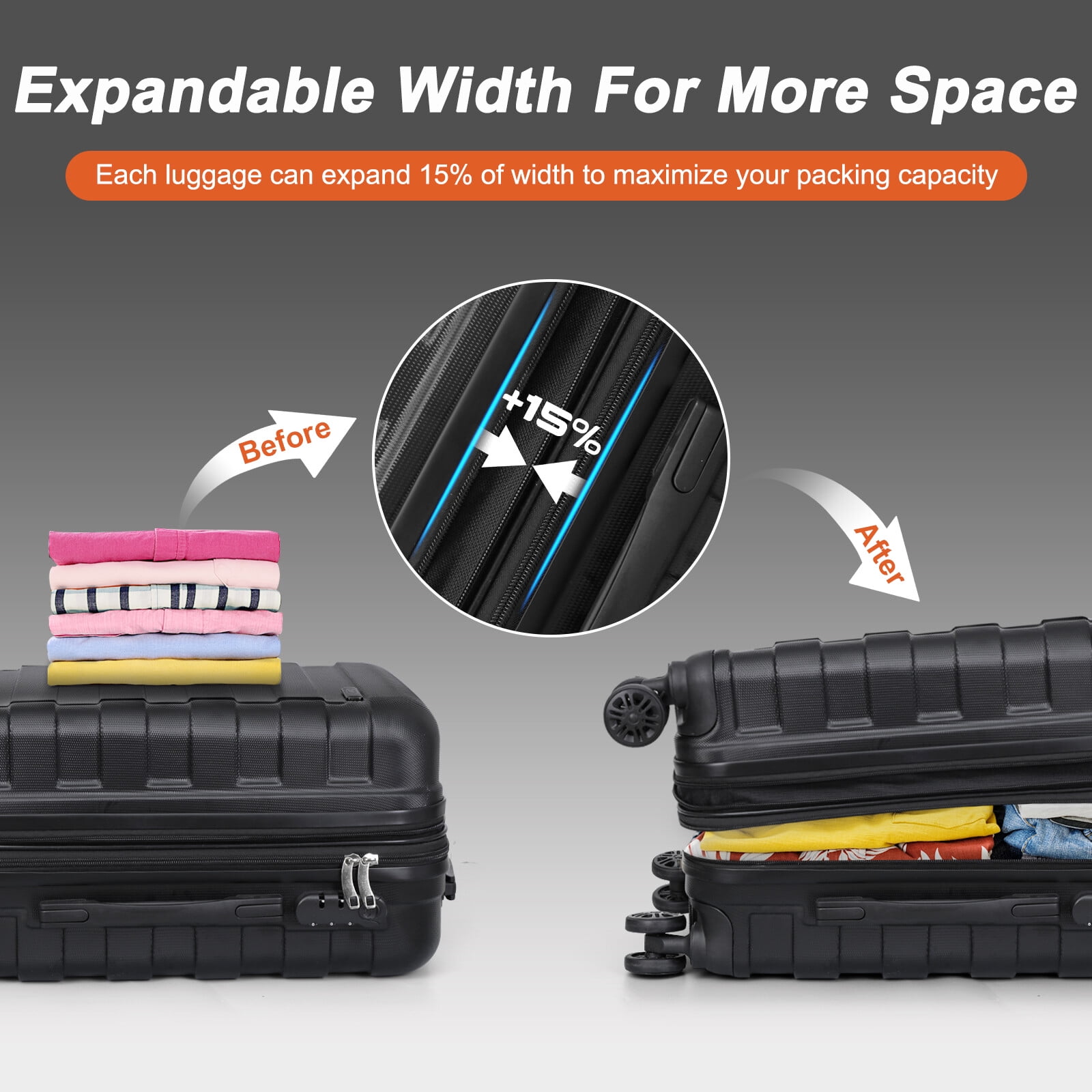 HomGarden 3PCS (22/26/30 inch) Travel Luggage Set Expandable Hardside Suitcase Spinner Wheels Black