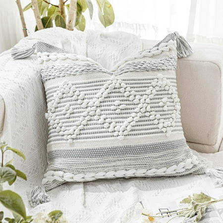 

Gray Cream White Boho Throw Pillow Cover 16x16 Boho Woven Textured Pillow Cover Neutral Pillow Cover Sofa Couch Bed Farmhouse Lumbar Pillow (Cover ONLY)