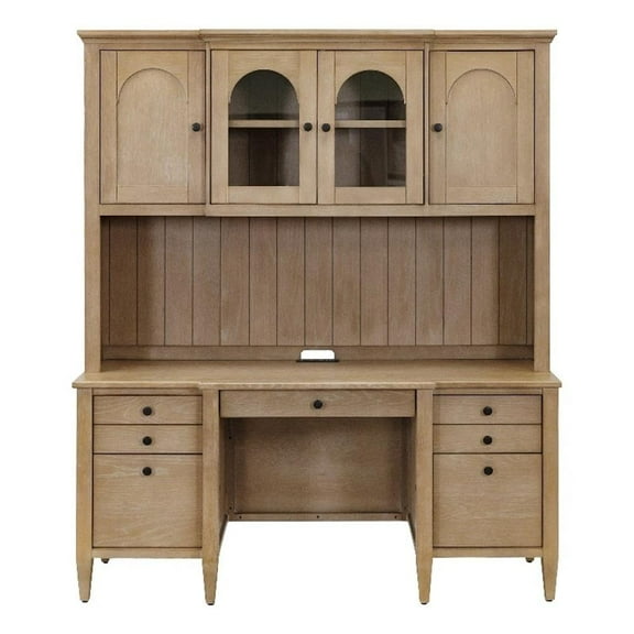 Pemberly Row Modern Wood Credenza and Hutch Wood Office Desk Hutch Light Brown