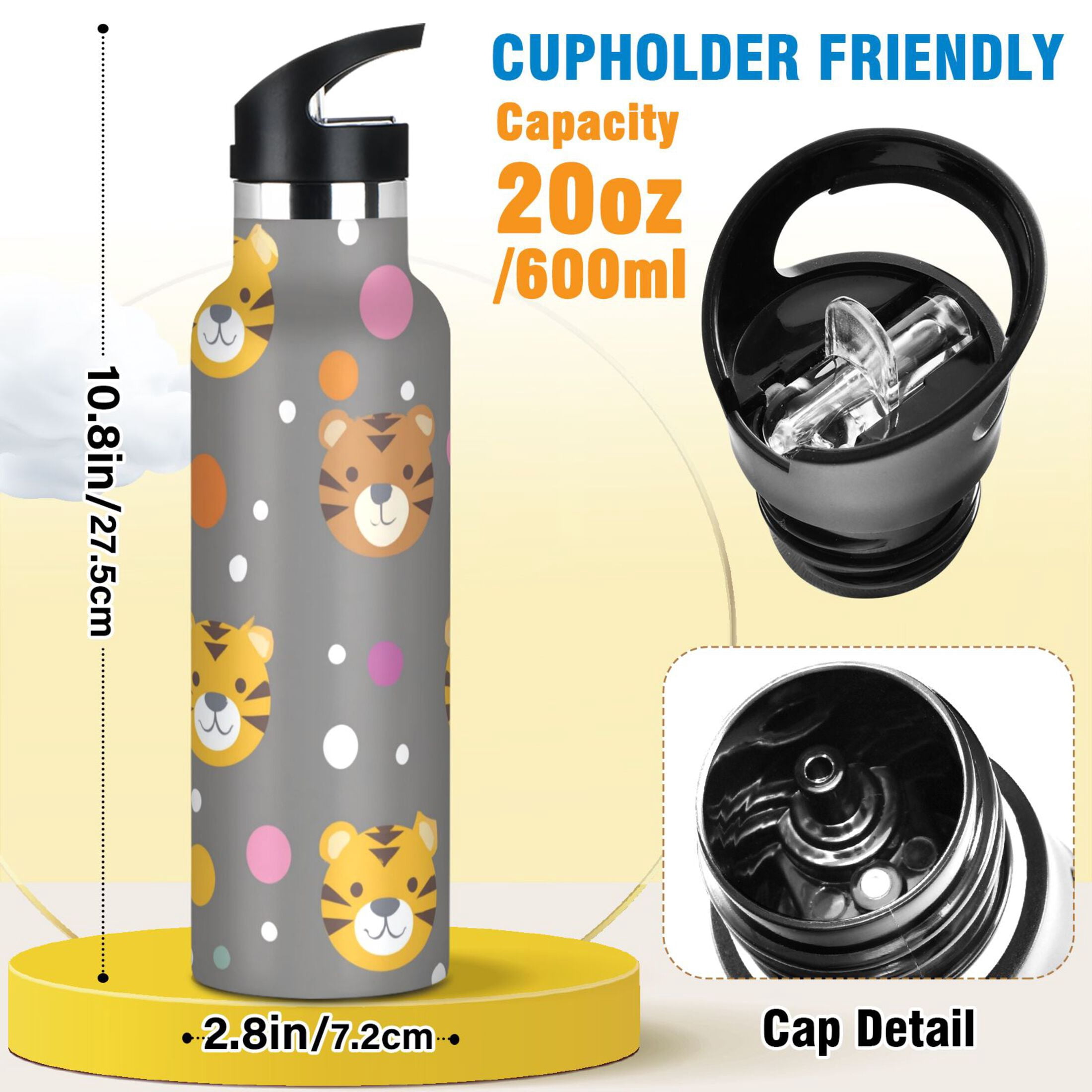 Kids Insulated Stainless Steel Sports Water Bottle 600ml Cute Tiger Face Pattern