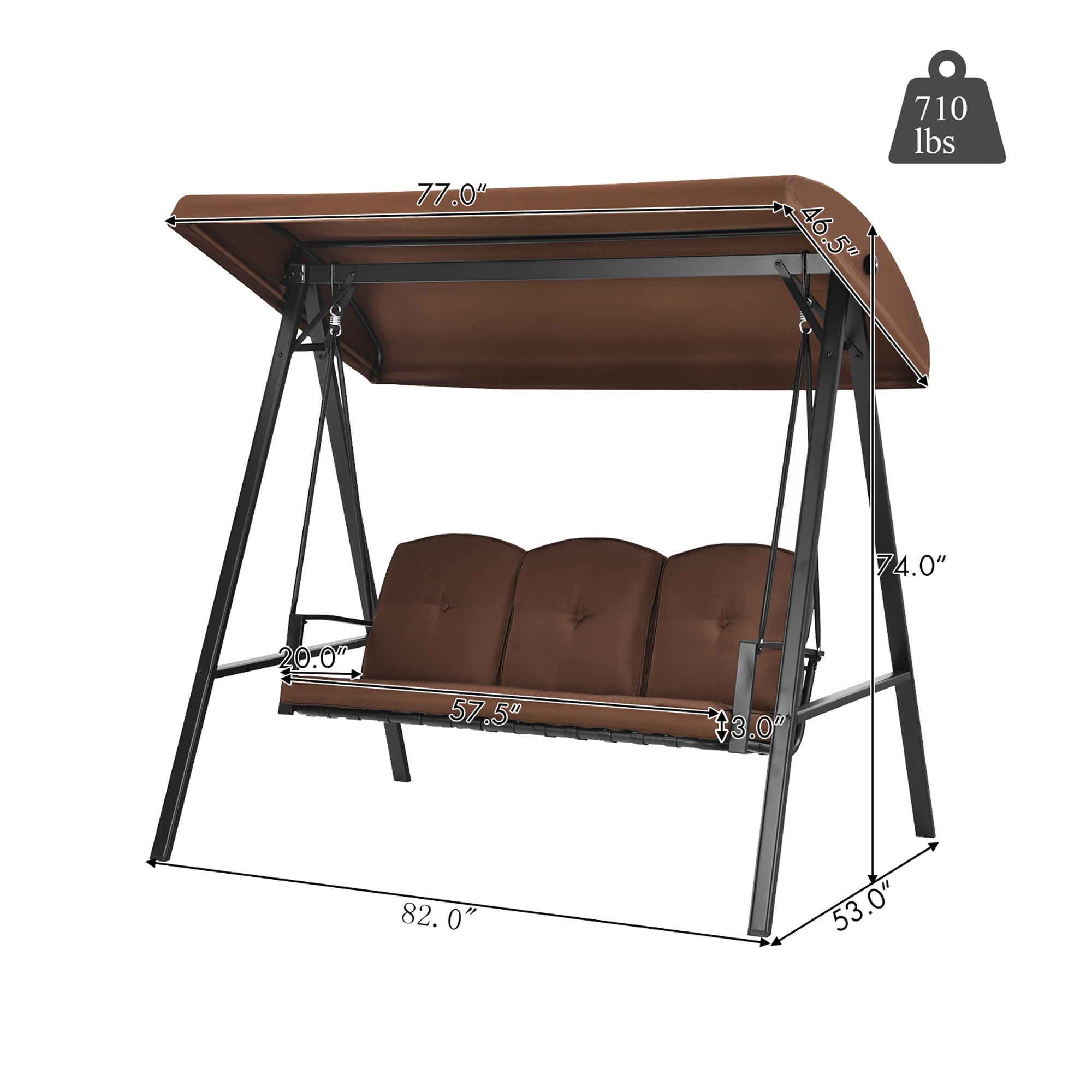 Costway Outdoor 3-Seat Porch Swing with Adjust Canopy and Cushions Brown - image 4 of 10
