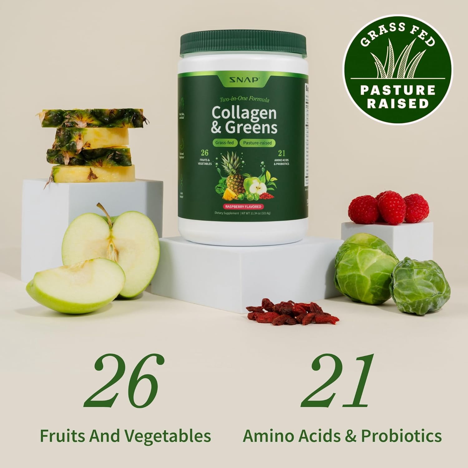 Snap Supplements Collagen Peptides with Super Greens, Digestive Enzymes, Probiotics, Turmeric - 30 Servings