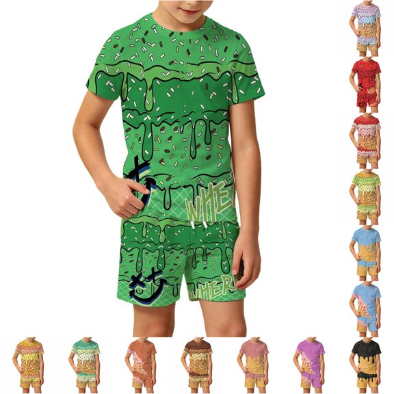WhouRiu Boys Girls Summer Casual Outfits Kids Unisex Short Sleeve Ice Cream Graphic Tees Shorts Sets