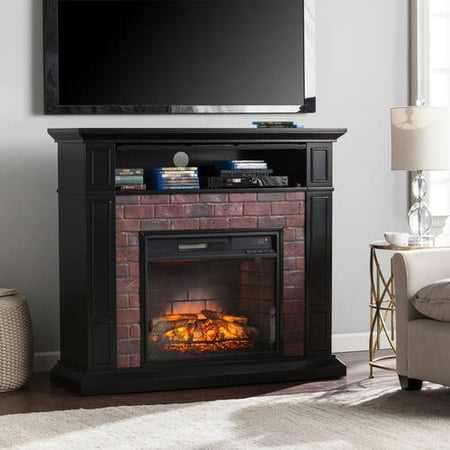 Southern Enterprises Klenstone Faux Brick Media Console with Infrared Fireplace Mantel, Black