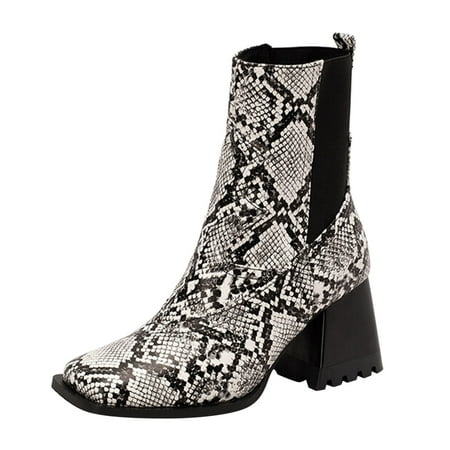 

XINSHIDE Women Mid-Calf Boots Women Fashion Patchwork Leather Face Square Toe High Heel Elastic Mid Boots Fashion Shoes