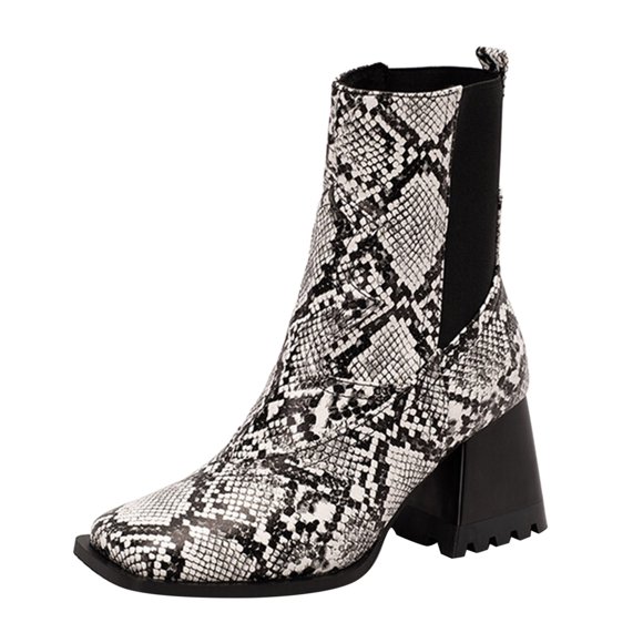 WEAIXIMIUNG Knee Boots for Women Wide Calf Square Toe Women's Fashion Leather Face Square Toe High Heel Elastic Mid Boots