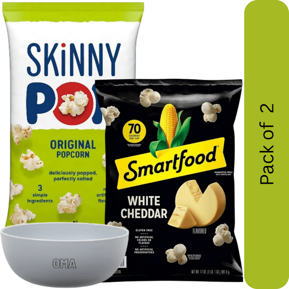 Smartfood White Cheddar Popcorn, 17 oz. & SkinnyPop Original Popcorn, 14 oz. with bowl by OMA