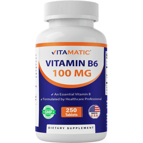 Vitamatic Vitamin B6 (Pyridoxine HCI), 100mg 250 Vegetarian Tablets - Promotes Energy Production, boosts Metabolism and Immune Health Support