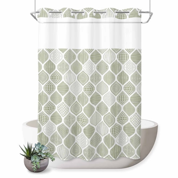 No Hook Shower Curtain, Sage Green Geometric Shower Curtains for Bathroom with See Through Top Window, Moroccan Chic Abstract Plaid Art Waterproof & Washable Bath Curtain Extra Long 72"x84"