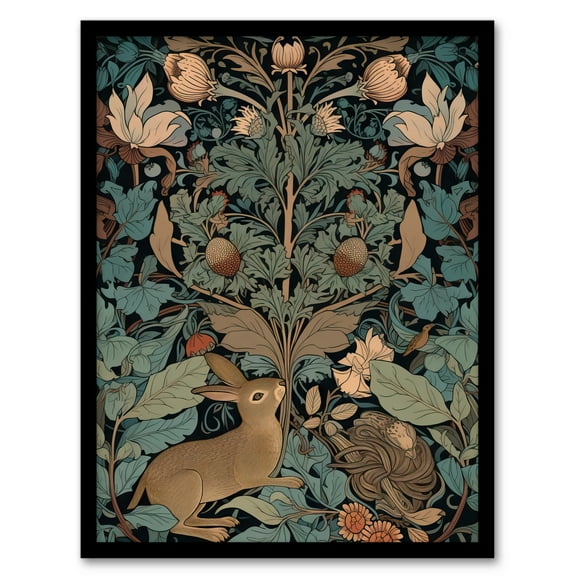 Rabbit In Abstract Ornate Shrubs Art Nouveau Painting Teal Blue Tan Cute Woodland Creature And Autumn Forest Plants Art Print Framed Poster Wall Decor 12x16 inch