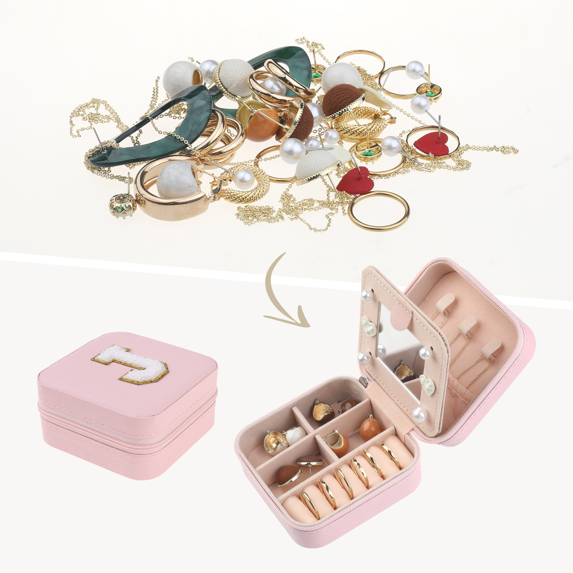 Unique Bargains Jewelry Boxes with Mirror Mini Portable PU Leather Jewelry Organizer Case Pink Letter J