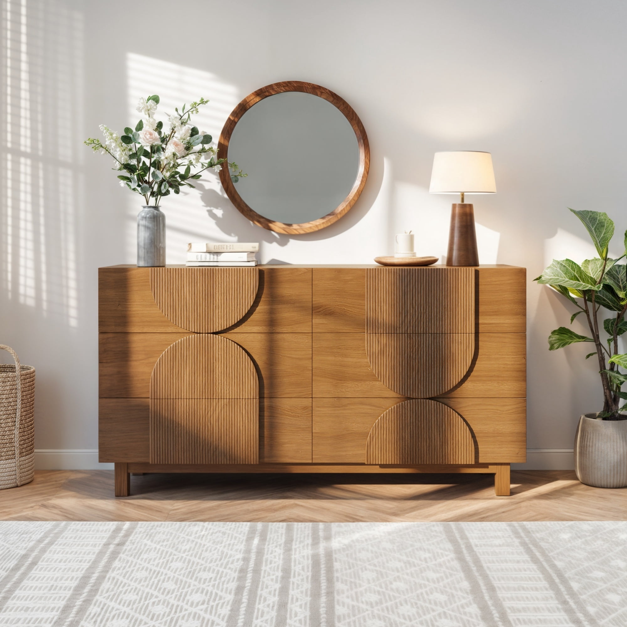 Alvantor 6 Drawer Dresser, 60" Wide Wooden Chest of Drawers, Fluted Dresser for Bedroom,Living Room, Hallway Brown