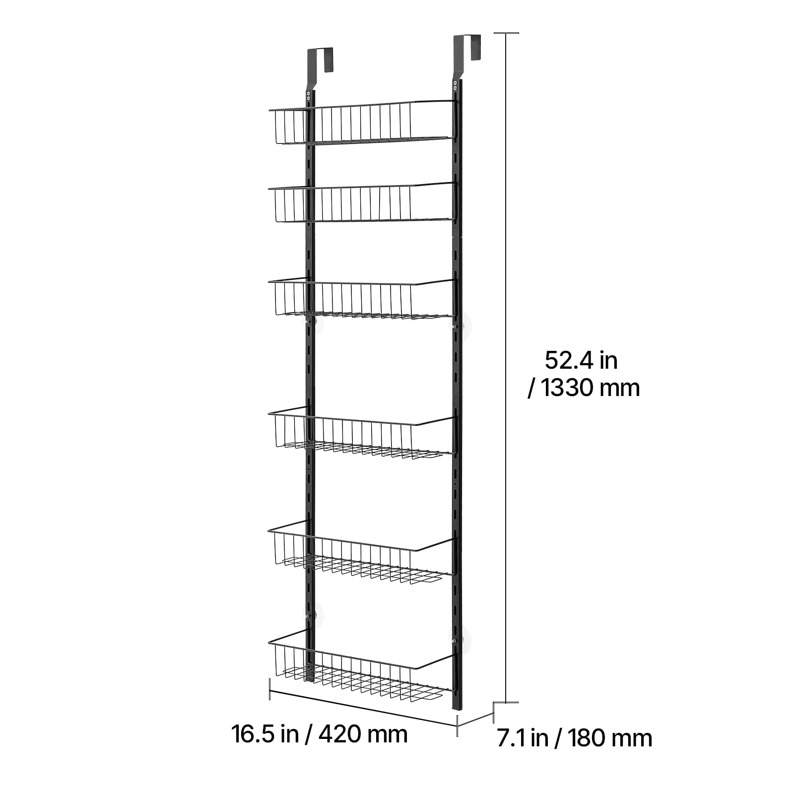KFFKFF Door-Mounted Pantry Organizer, 6-Level Storage Solution, Robust Steel Constructed Spice Holder, Wall-Mountable Adjustable Seasoning Racks, Suitable for Kitchen, Laundry Area, Bathroom, Black