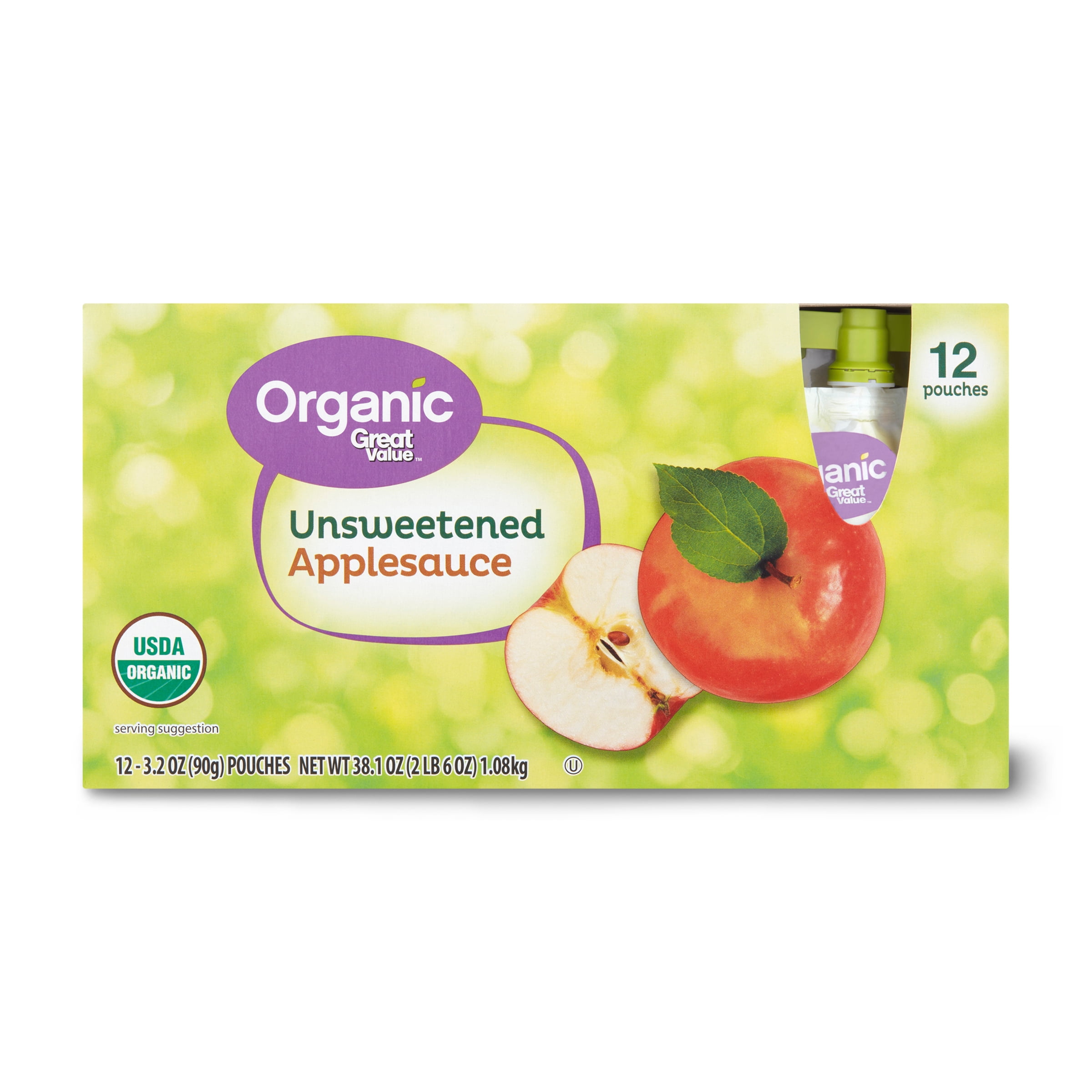 (12 Pack) Great Value Organic Applesauce Pouches, Unsweetened, 3.2 oz